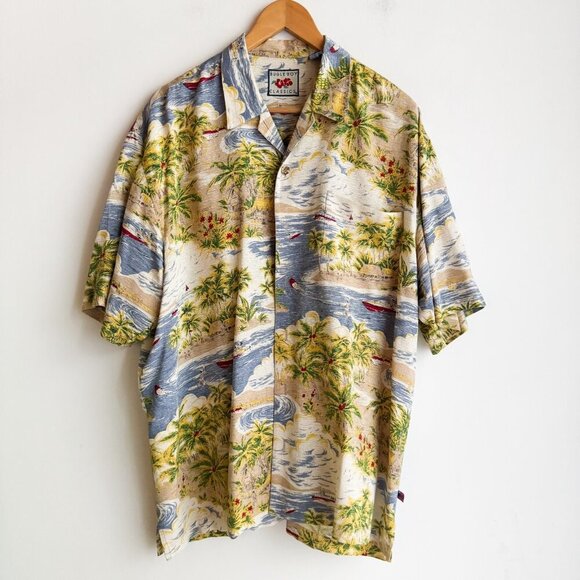 Vintage Bugle Boy Silk Blend Tropical Hawaiian Print Button Down Shirt XL - Picture 2 of 10